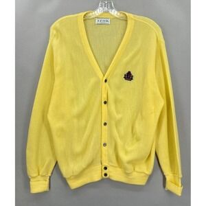 Vintage IZOD Sweater Mens Large Yellow Grandpa Cardigan 70s 80s Made‎ USA